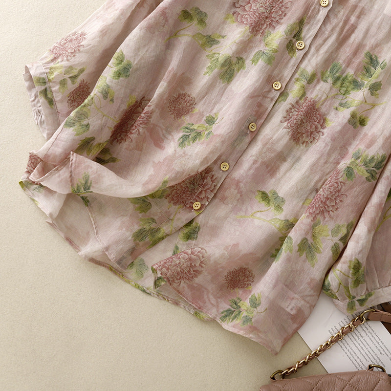 Sweet Doll Shirt With A Round Neck Three-quarter Sleeves And A Delicate Peony Floral Print On Ramie Fabric