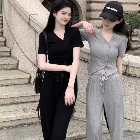 Short Sleeve Cardigan Top And Wide-leg Pants Two-piece Set