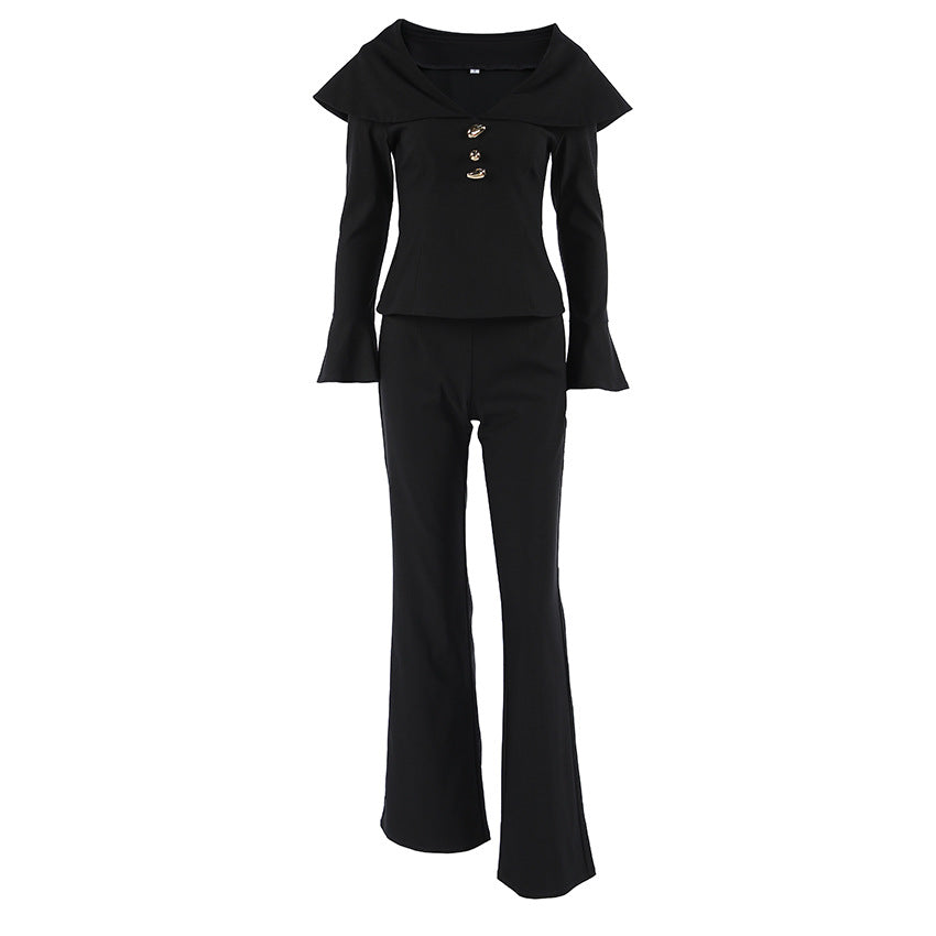 Black V-neck Waist-cropped Top And Pants Two-piece Set For Women