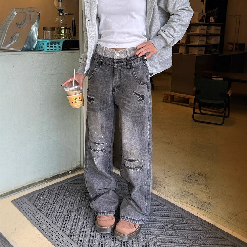 American Stitching Double Waist High Street Gamle Ripped Dirty Jeans All-match