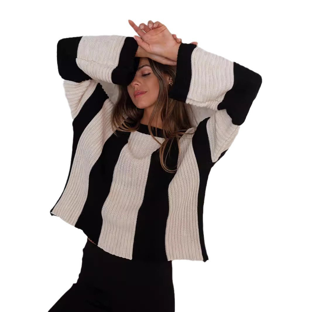 Sweater Ins Style Loose Plus Size Vertical Stripes Contrast Color Round Neck Knitwear Pullover