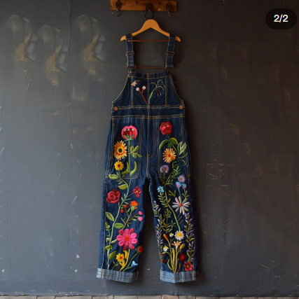 Vintage Floral Art Print Jeans Jumpsuit