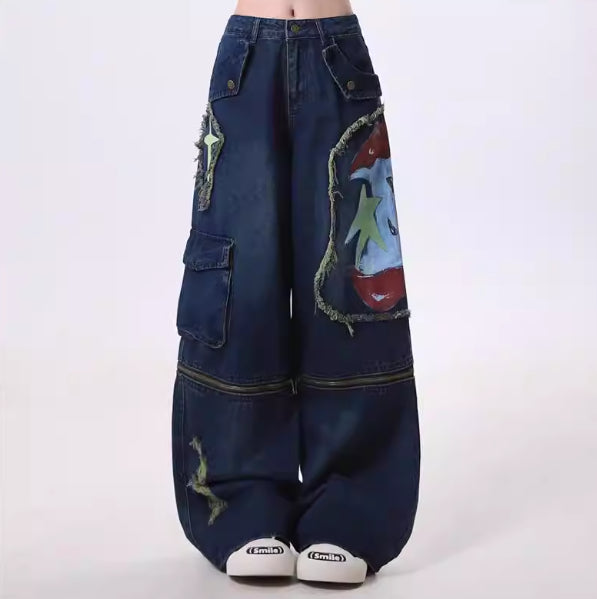 Street Wash Distressed Print Detachable Jeans Women Loose Slim Fit Draped Wide-leg Pants