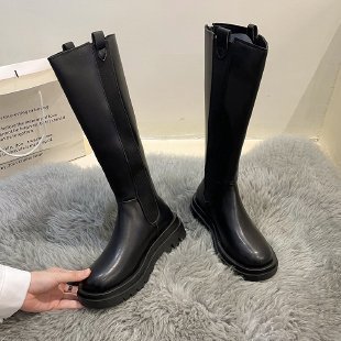 Flat-soled Elastic Band Black Over-the-knee Boots