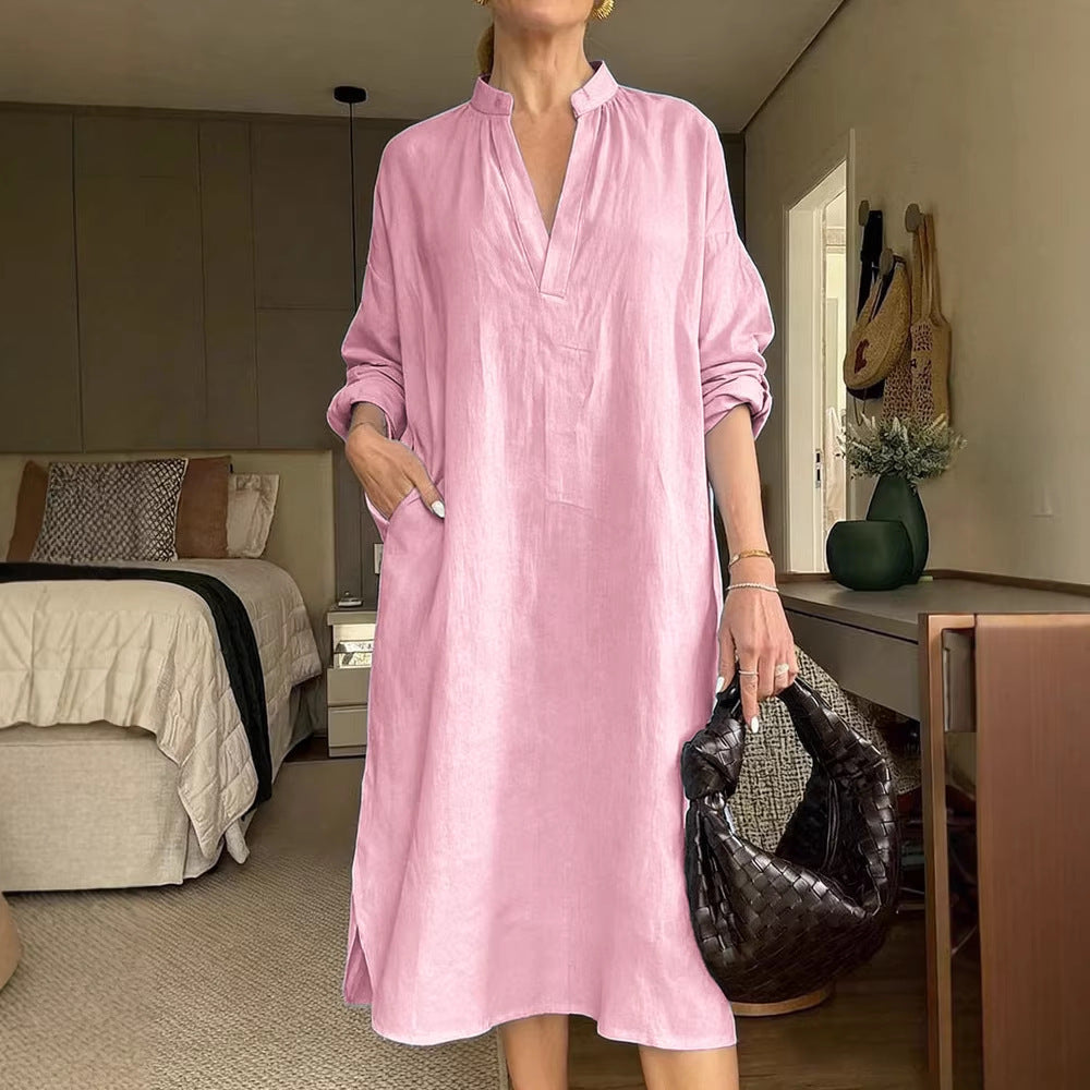 Womens Retro Cotton-Linen Long-Sleeve V-Neck Pocket Dress