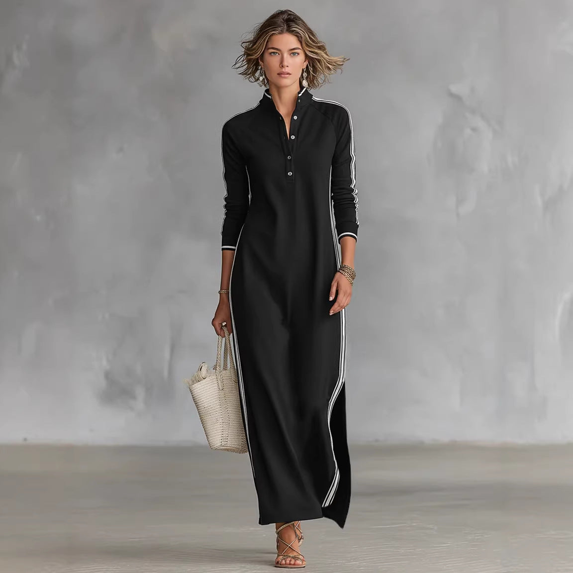 Womens Minimalist White-Bordered Buttoned Stand-Collar Sweater Dress