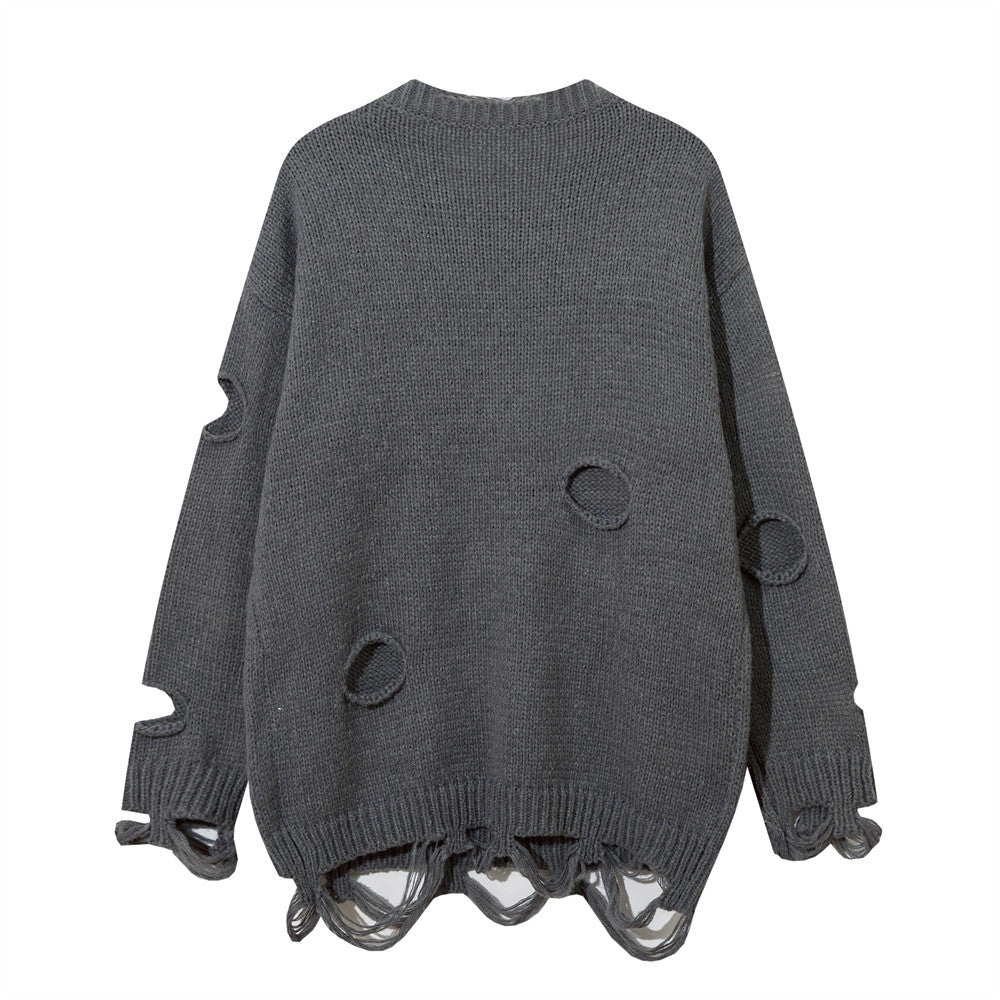European And American Lazy Crocheted Ripped Round Neck Sweater Sweater