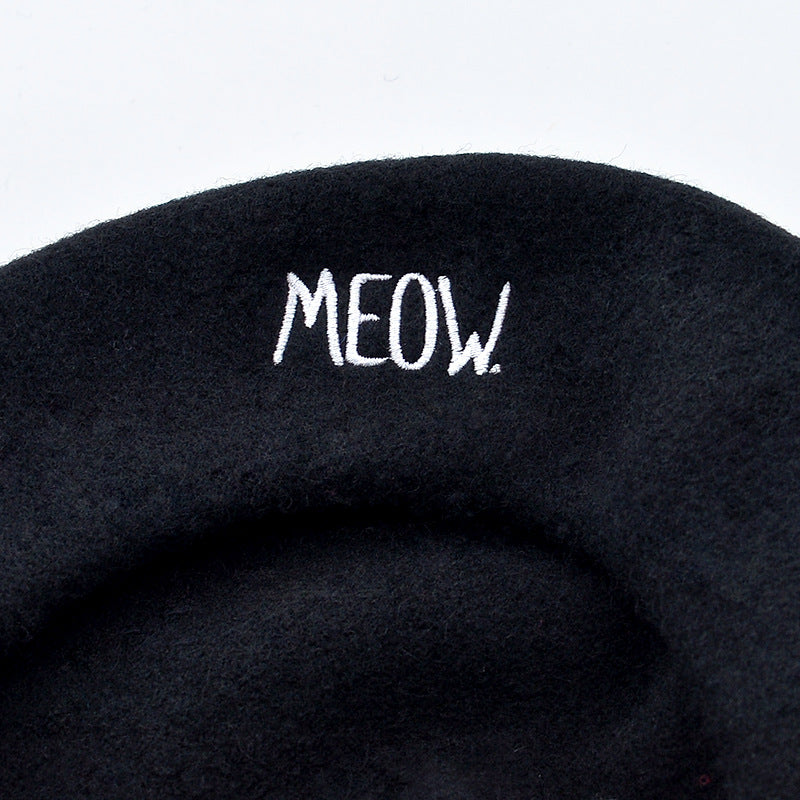Letter Embroidery Cat Ears Wool Tweed Beret