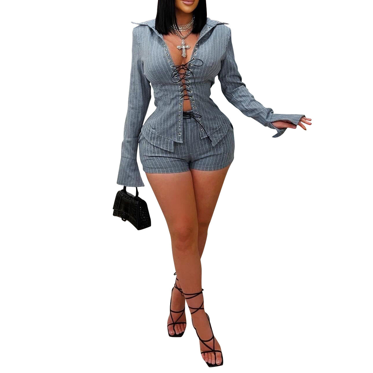 Casual Striped Button-down Long-sleeve Shirt With Front Tie And Shorts