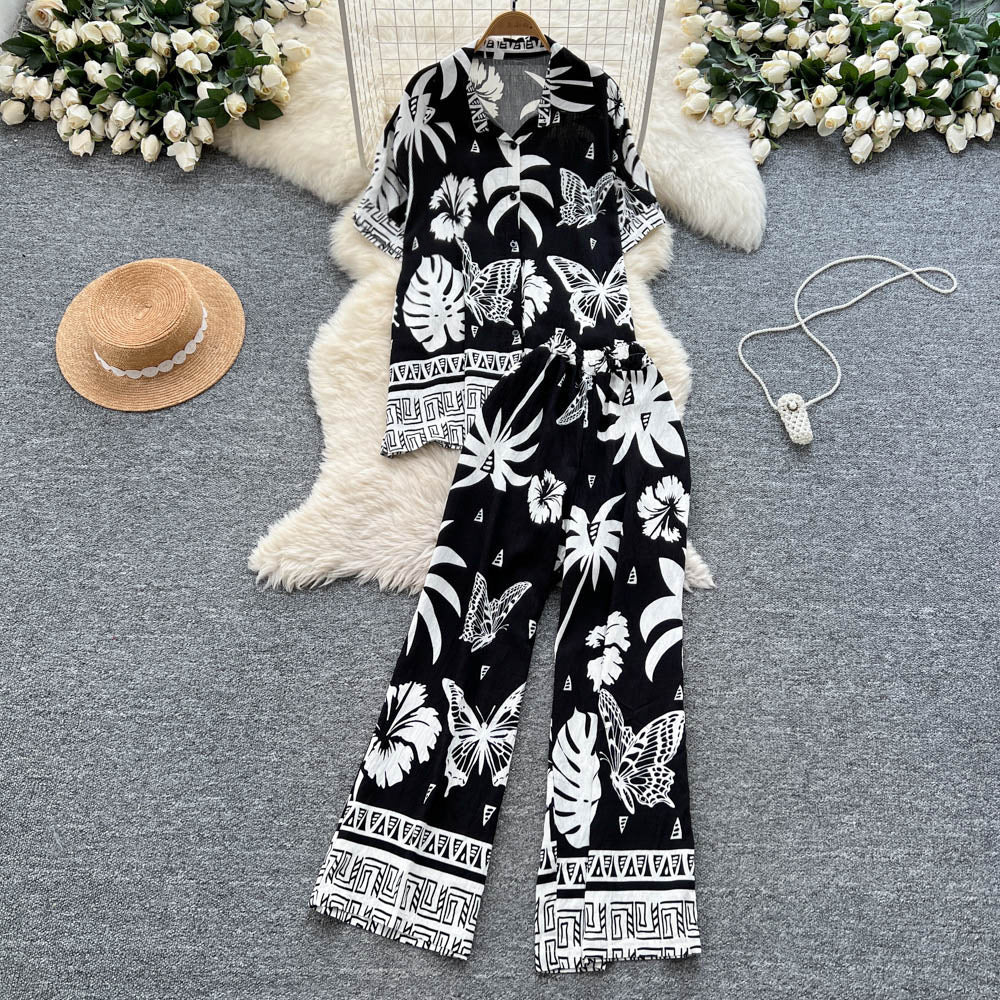 Bohemian-style Printed Short-sleeve Polo-collar Shirt And Wide-leg Pants Set