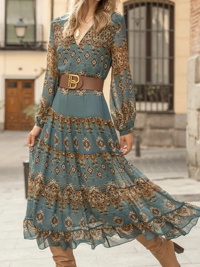 Ethnic Style Pattern Printing Large Swing Dress