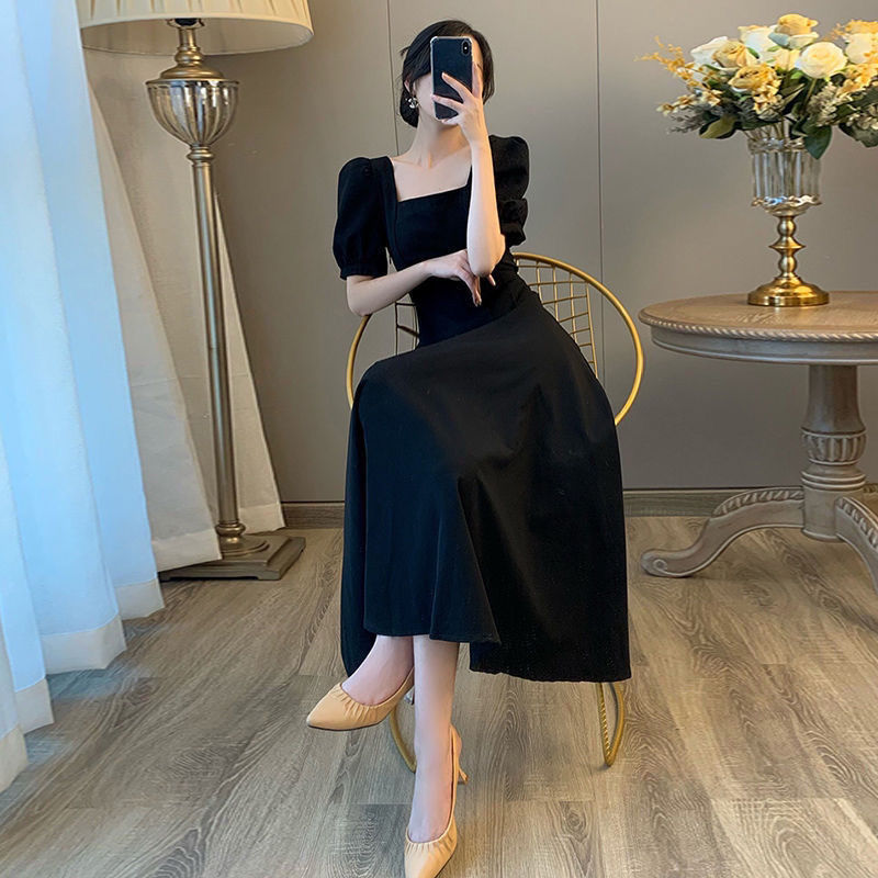 French Vintage Square Neck Wrapped Waist Slim Dress