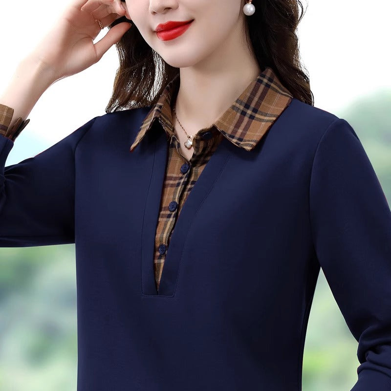 Autumn Fashion Patchwork Plaid Layered Slim-fit Top New Versatile Simple Fake Two-piece Stylish Long Sleeve