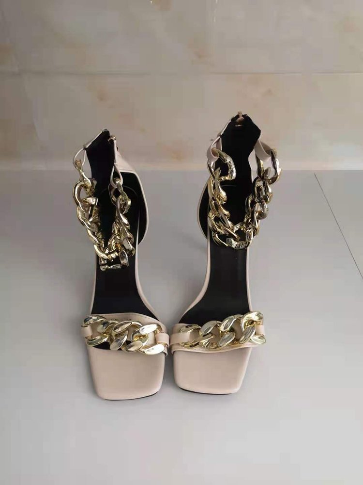 One Word Strap High Heel Sandals With Chain Square Toe