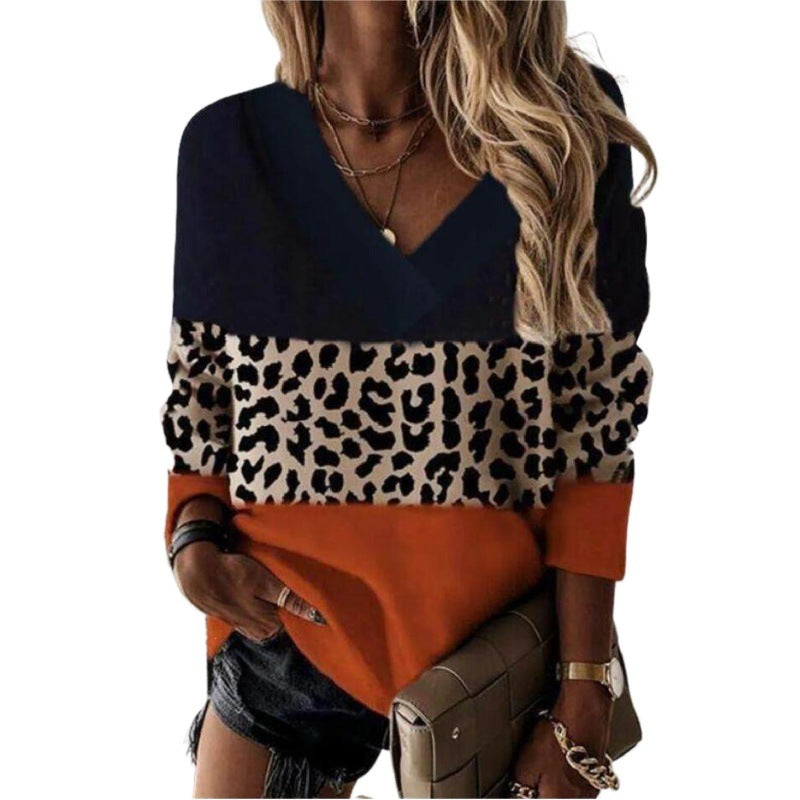 V-hals Leopardprint-patches Langærmet Sweatshirt-toppe
