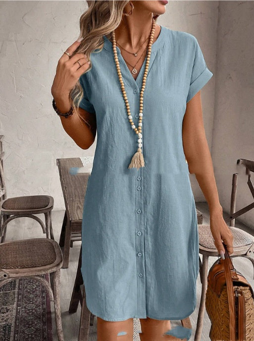 Color Cotton-linen V-neck Button-up Loose Casual Dress