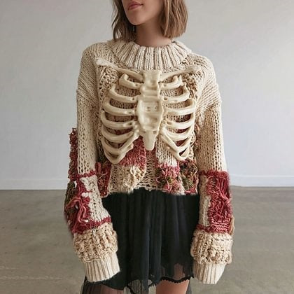 Womens Halloween Top Crew-neck Sweater With Faux Fur Details