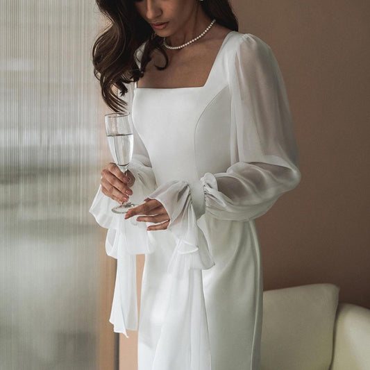 Square Collar Stitching Mesh Flared Sleeves Waist Slimming Fishtail Dress