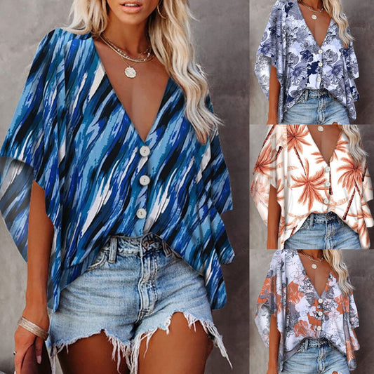 European And American Women's Printed Short Sleeve Shirt Flowers