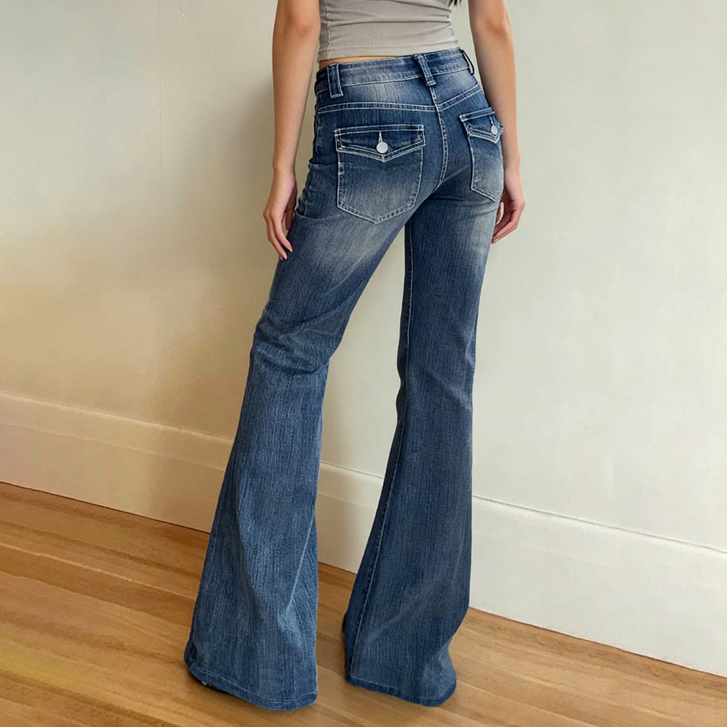 Womens Vintage Distressed Washed Denim Jeans With A Low Waist