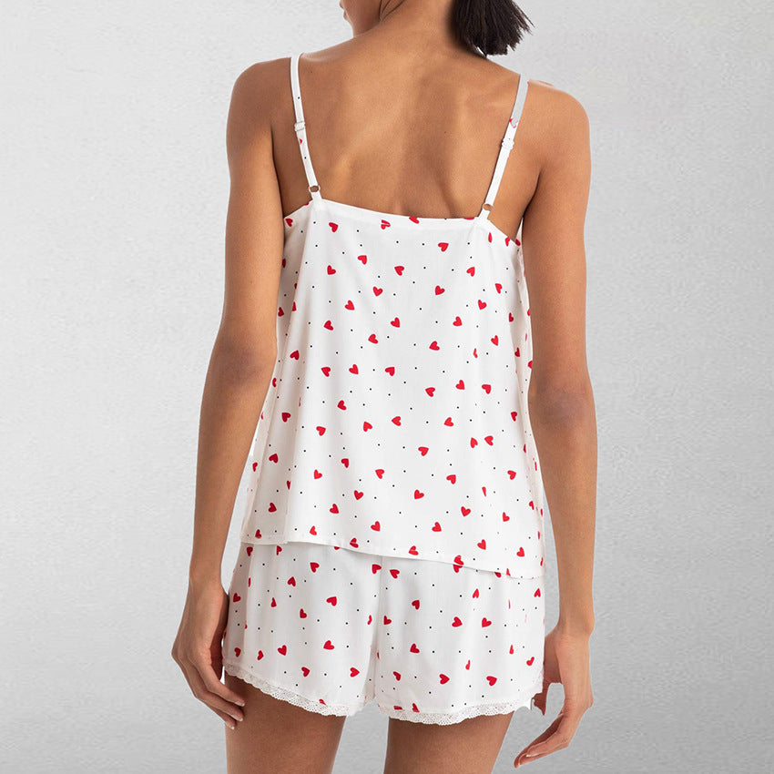 Cool-feel Pajamas With Heart-printed Lace Straps