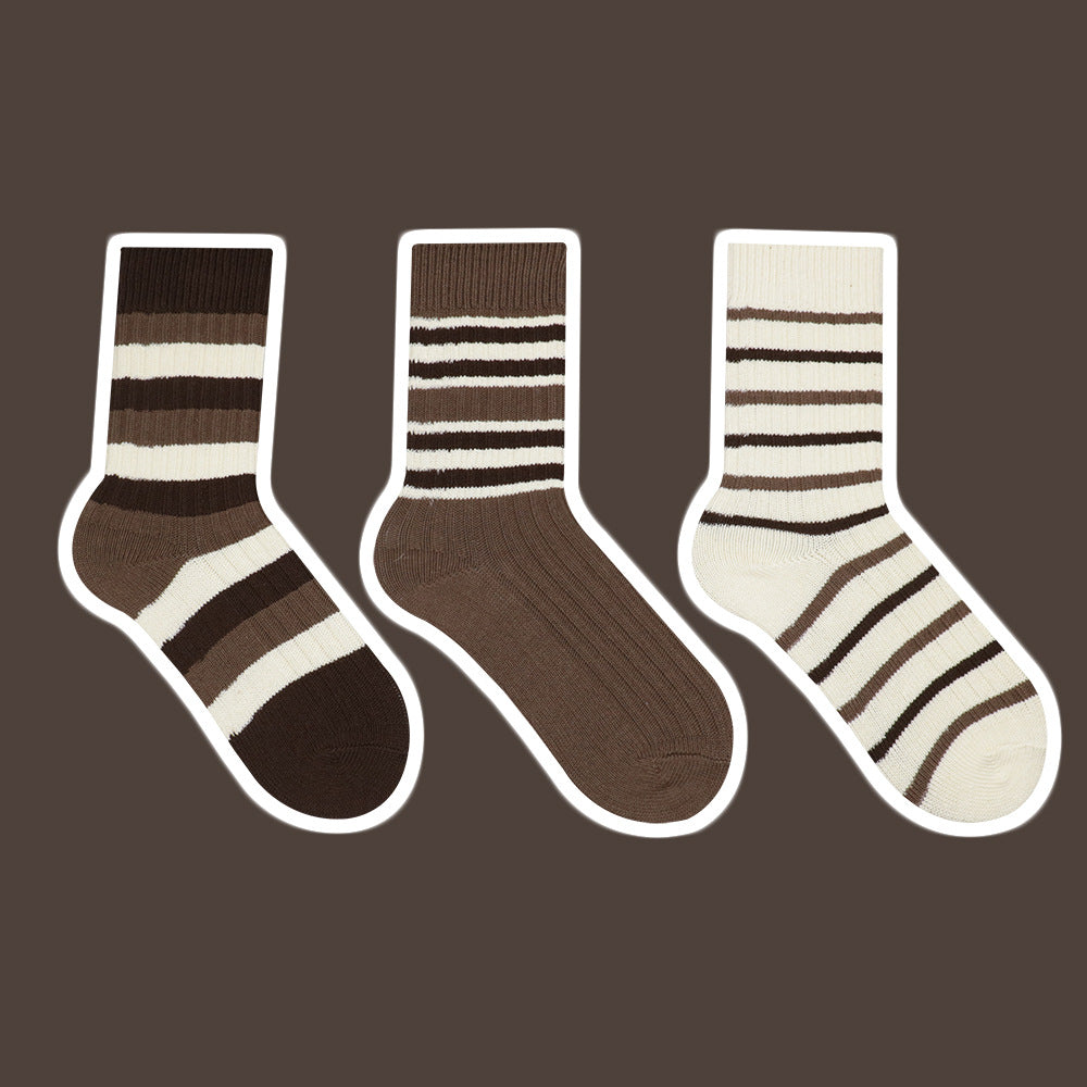 Women's Maillard Style Autumn And Winter Milk Tea Brown Series Striped Socks