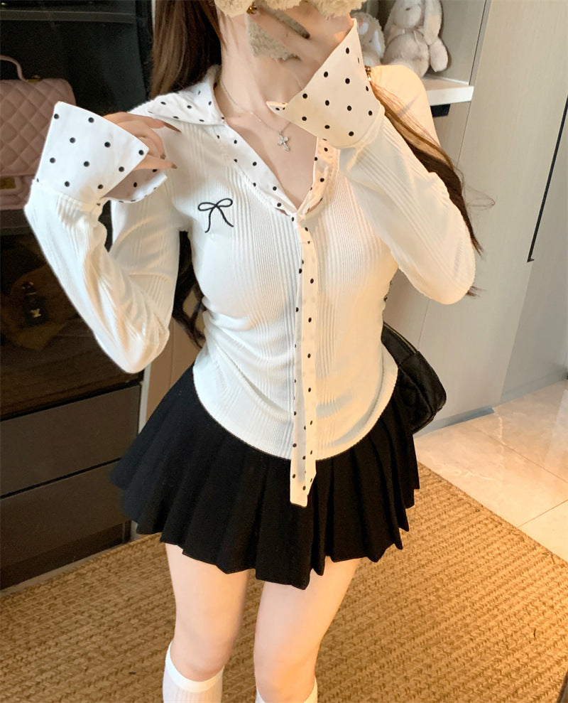 Polka Dot Patchwork Ribbon Long Sleeve T-shirt Women