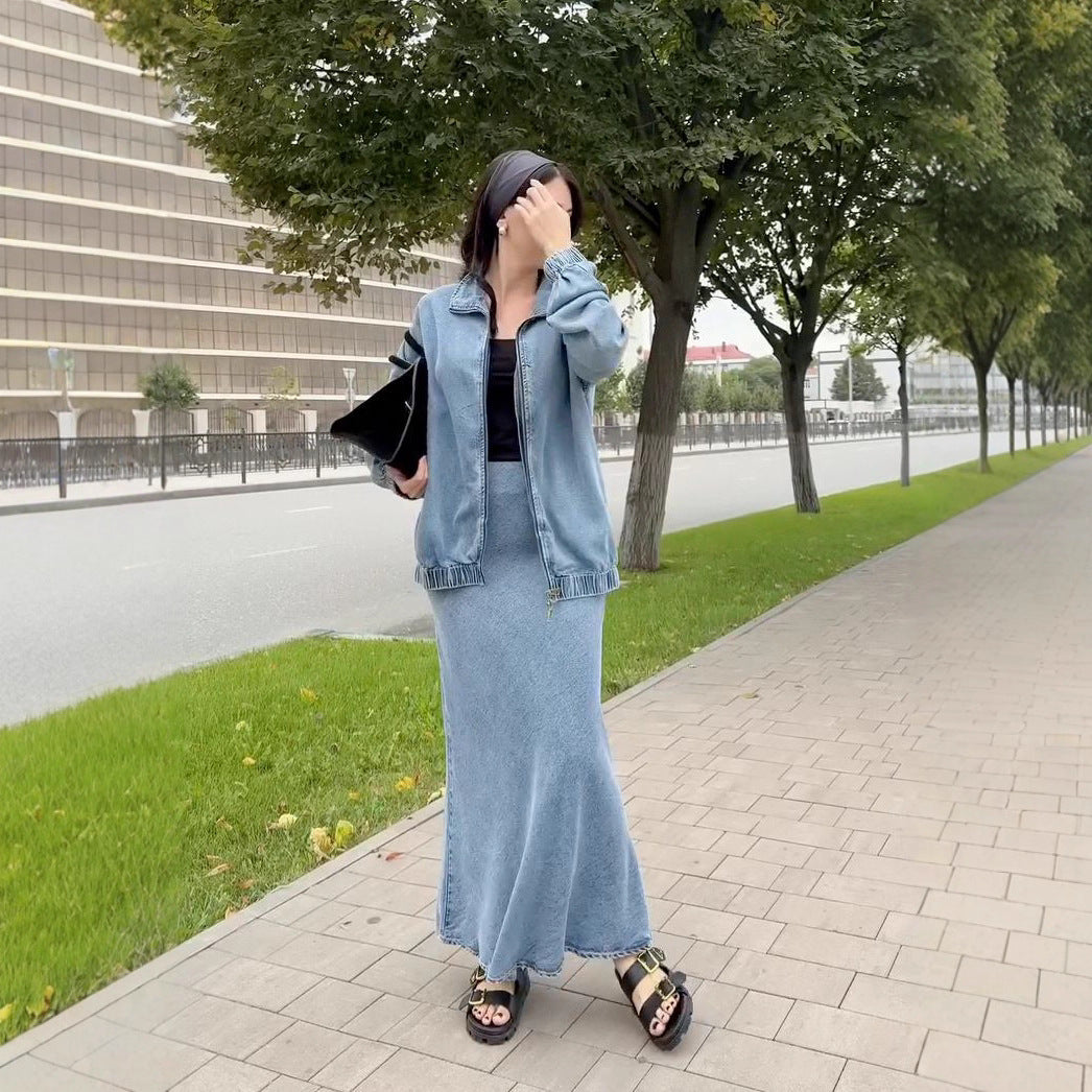 Elegant Commuter Denim Wrap Skirt With A Fitted Waist-cinching Design For Women