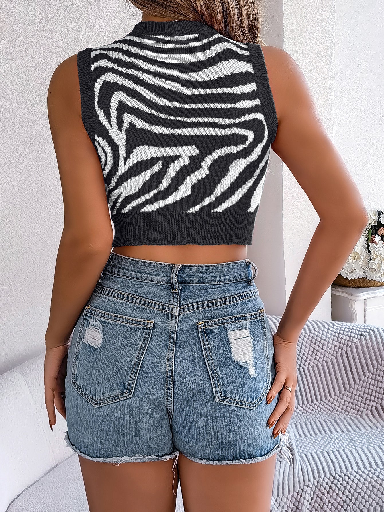 Dame Color Block Zebrastribet Hulstrikket Cropped Ferietop