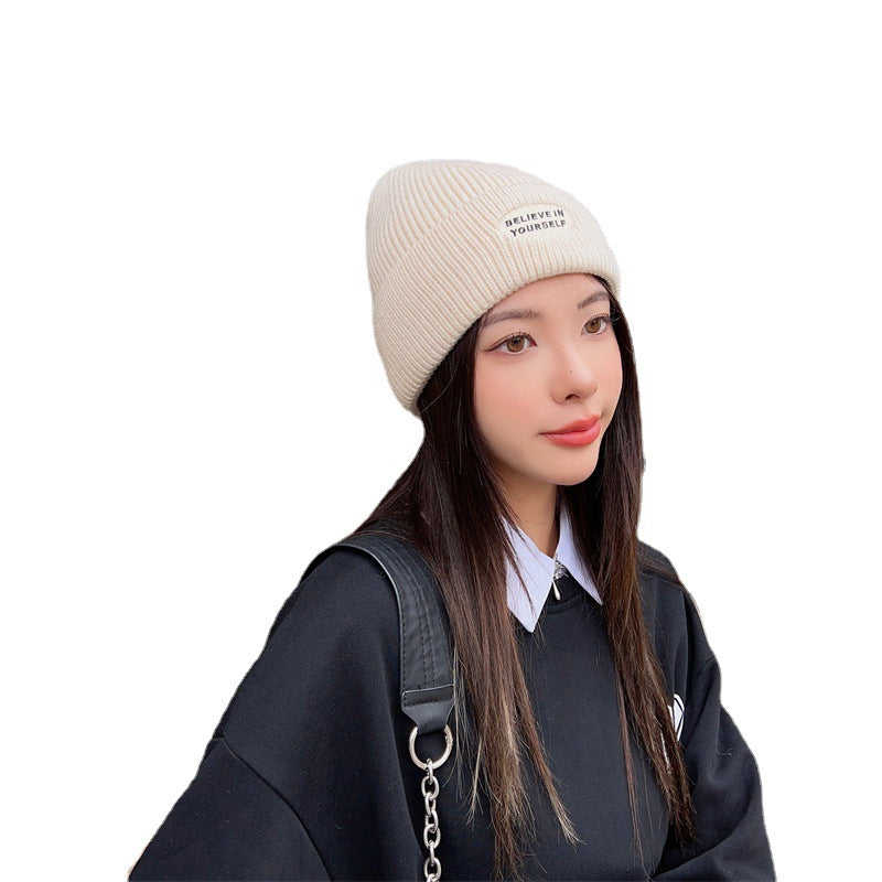 Letter Embroidered Wool Warm Ear Protection Knitted Pullover