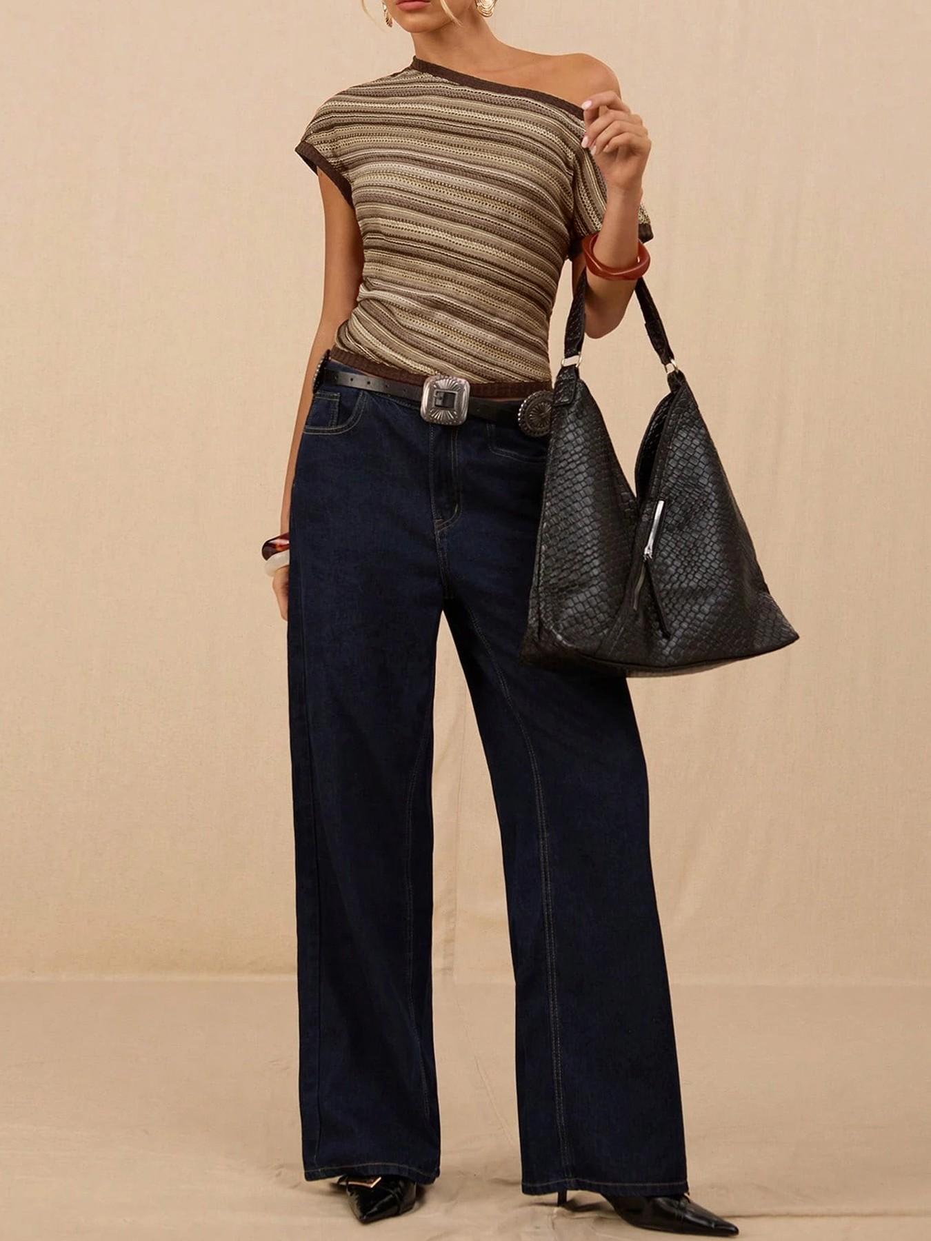 Retro Colorful Knit Top Slim-fit Contrast-color Short Sleeves