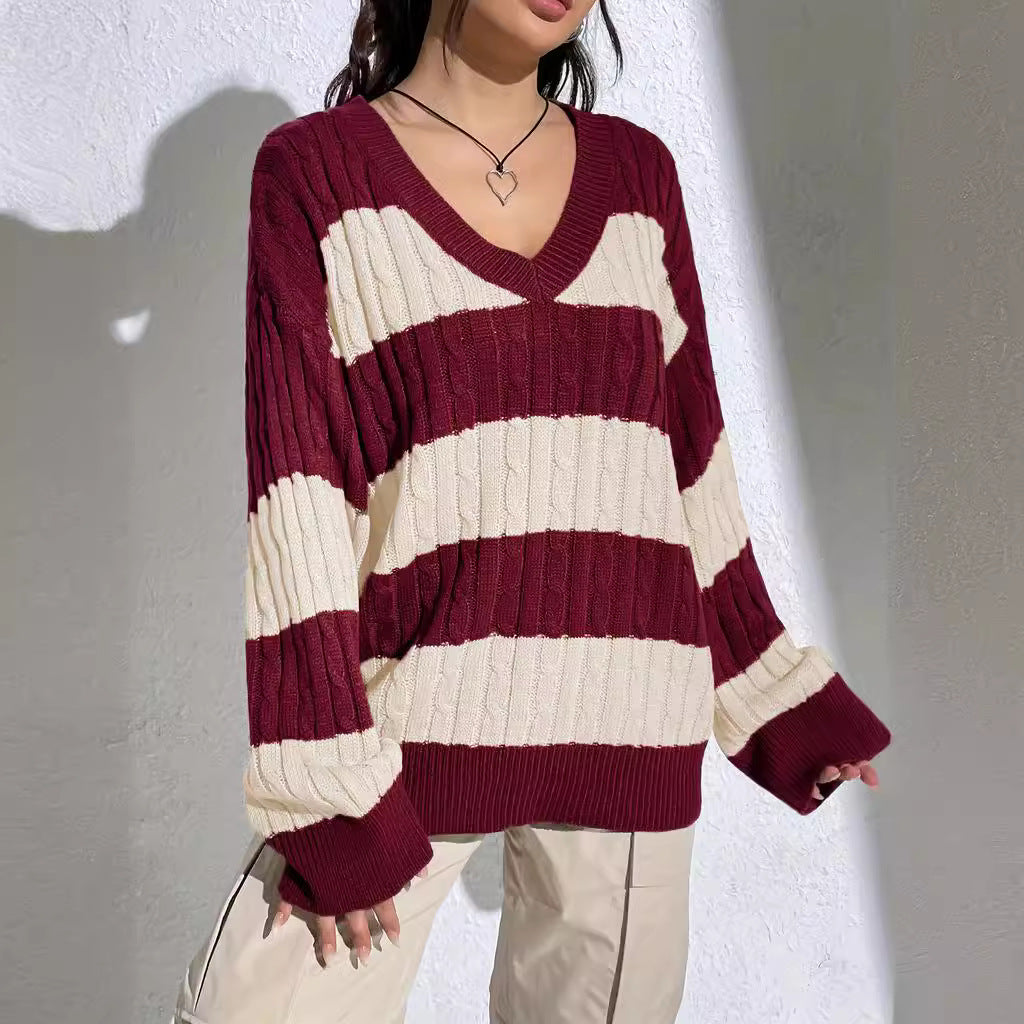 Contrast Color V-neck Loose-fitting Long Sleeve Sweater Women