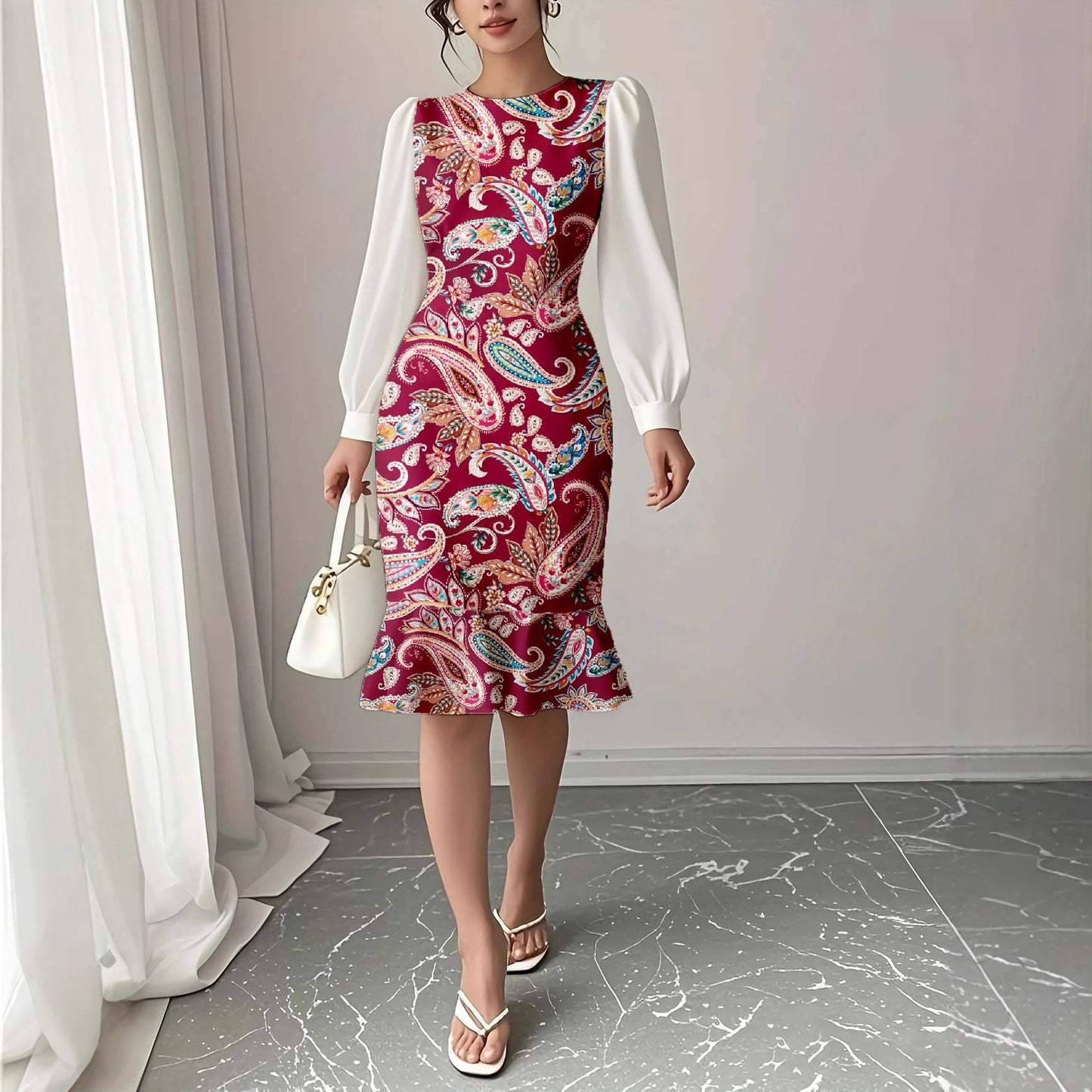 Color-block Lantern-sleeve Waist-cinched Elegant Mermaid Dress