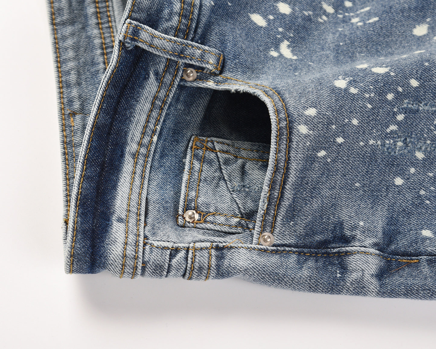 Light Blue Jeans With Splashed Ink And Ripped Elastic Wash