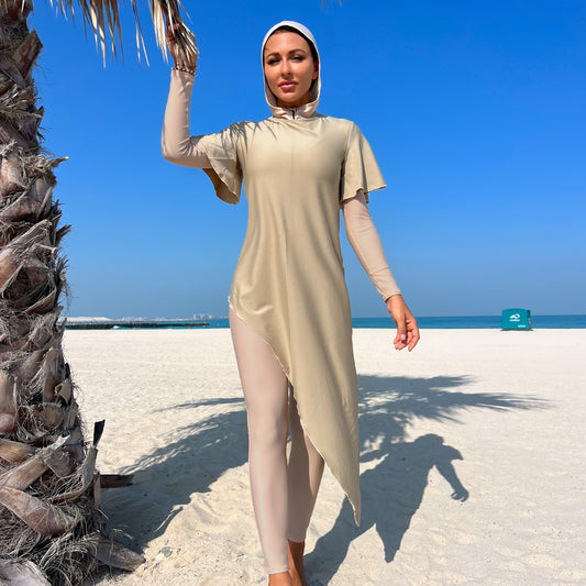 Solid-color Long-sleeve Long-pants Sun-protective Beach Swimsuit Three-piece Set