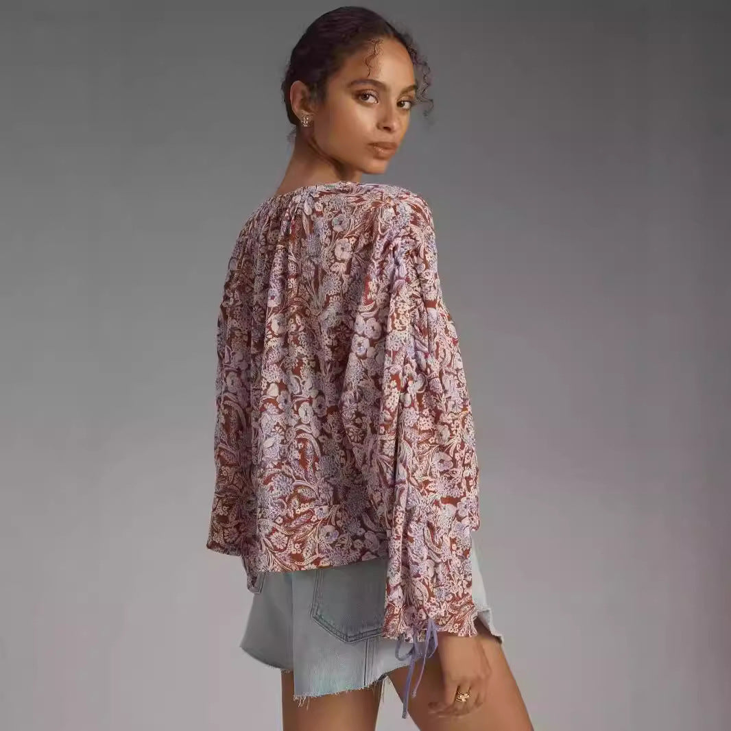 Women's Loose V-neck Pullover Casual Long Sleeve Floral Drawstring Top