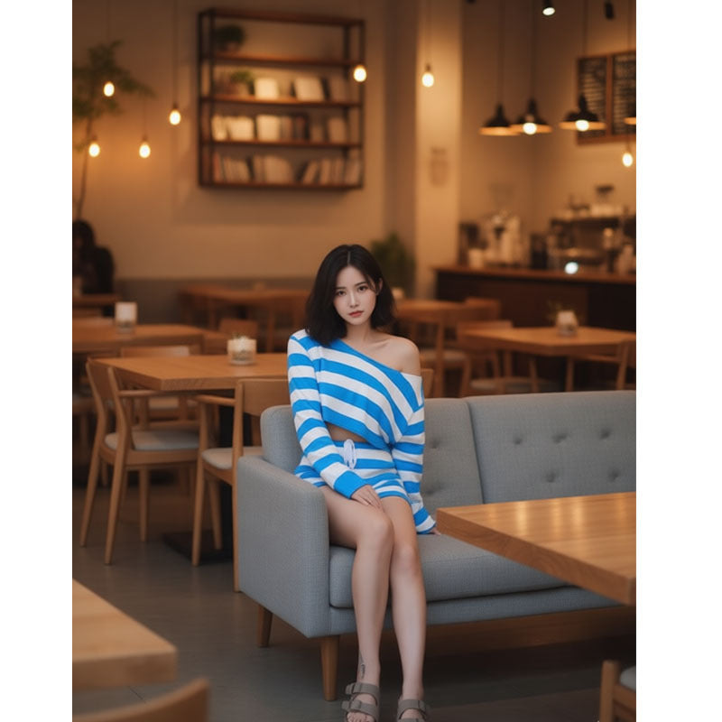 Knitted Set Loose-fitting Top And Striped Shorts