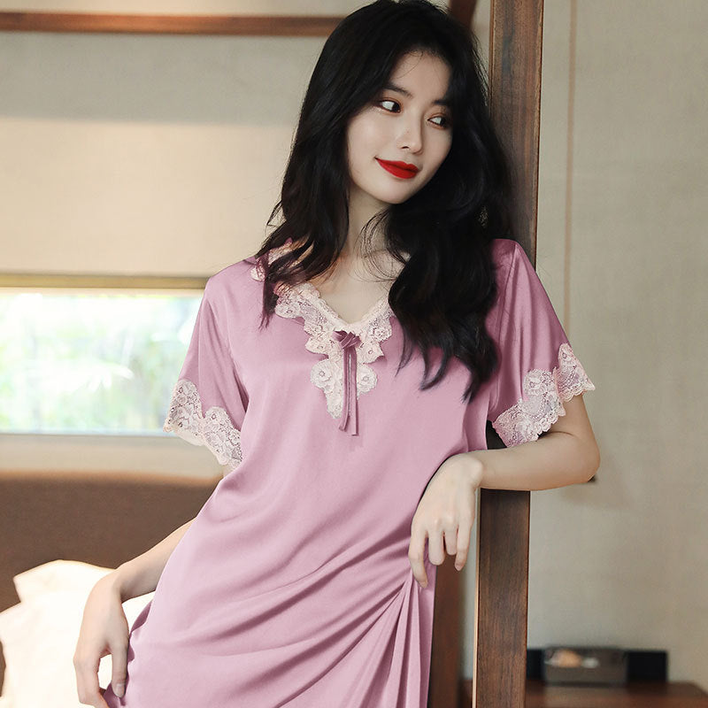 Womens Summer Ice Silk Loose Plus-Size Nightdress
