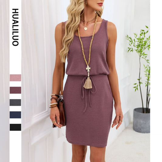 SpringSummer New Womens Solid-Colored Crew-Neck Tank Top And Drawstring Short Skirt Casual One-Piece Dress