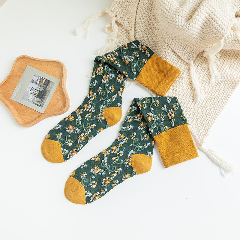 Women's Autumn And Winter Combed Cotton Floral Long Tube Socks