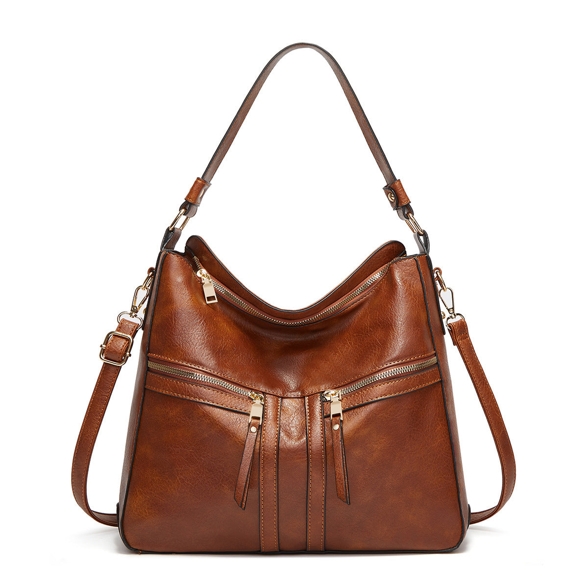 Trendy Double Zipper Soft Leather Large Capacity Totes