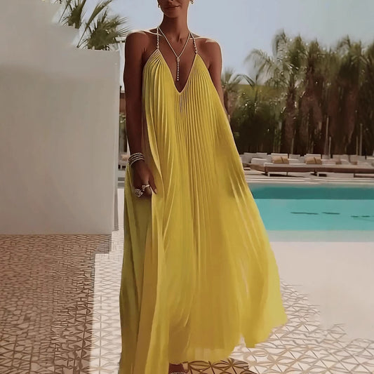 Womens Strapless Backless Pleated Maxi V-Neck Dress