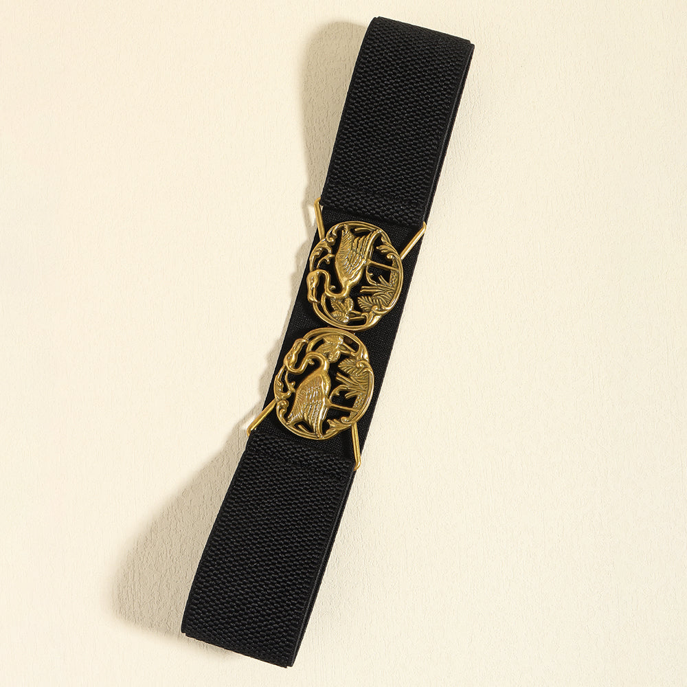 Simple Retro Elastic Belt Metal Hollow Buckle Red-crowned Crane Elastic Waist Elegant Female Fashion Accessories