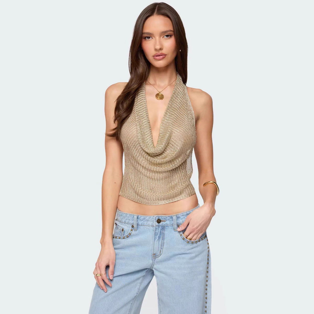 Hot Girl Glossy Knitted Pendant Collar Backless Top