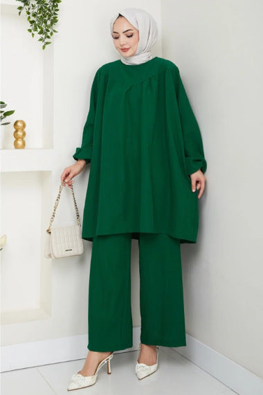 Solid-color Casual Loose-fitting Crew-neck Long-sleeve Wide-leg Pants Set