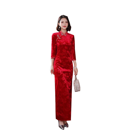 Solid-color Vintage-style Velvet Qipao Perfect For Moms And Women