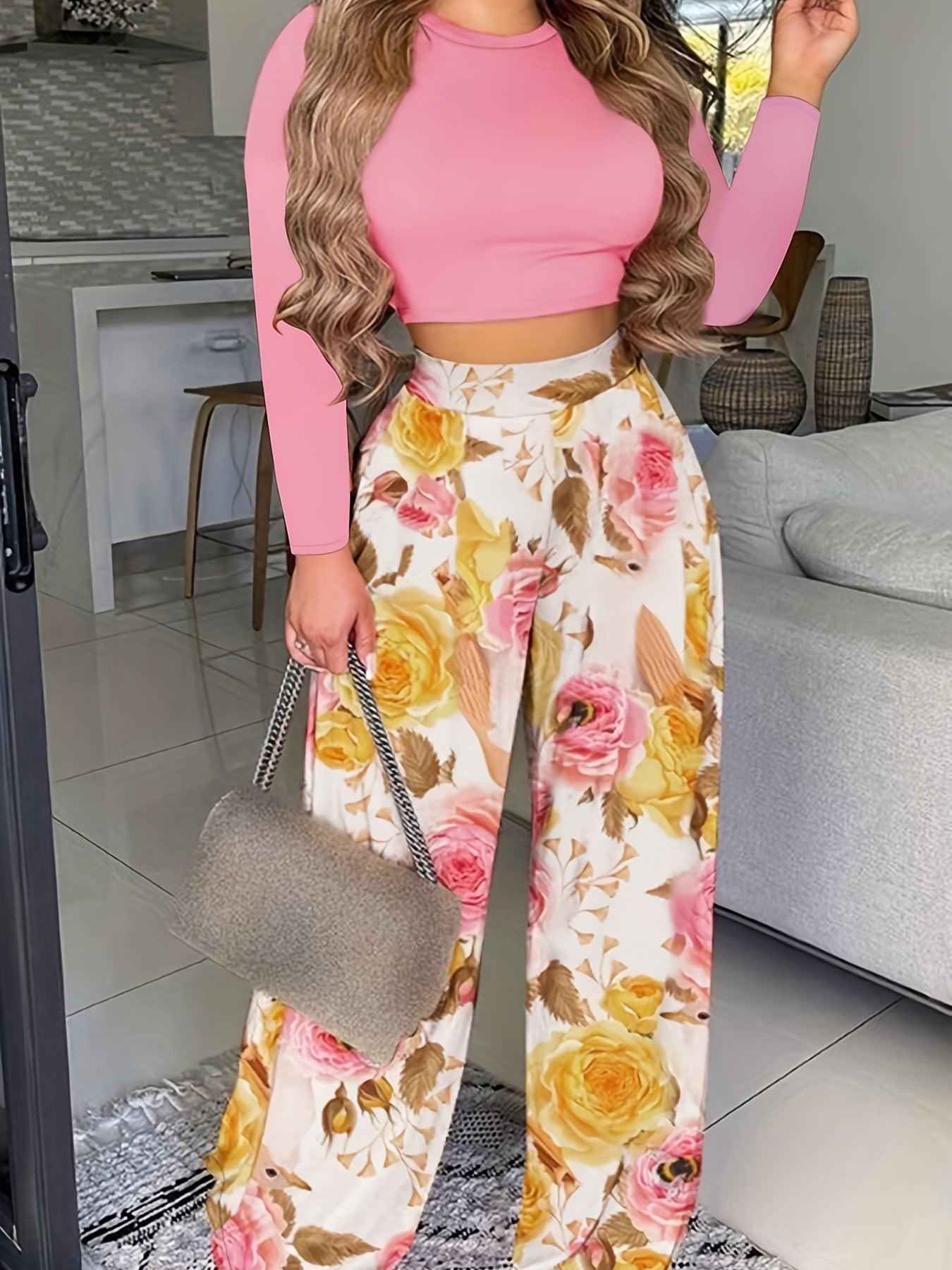 Two-piece Printed Long-sleeve Pants Set For Women