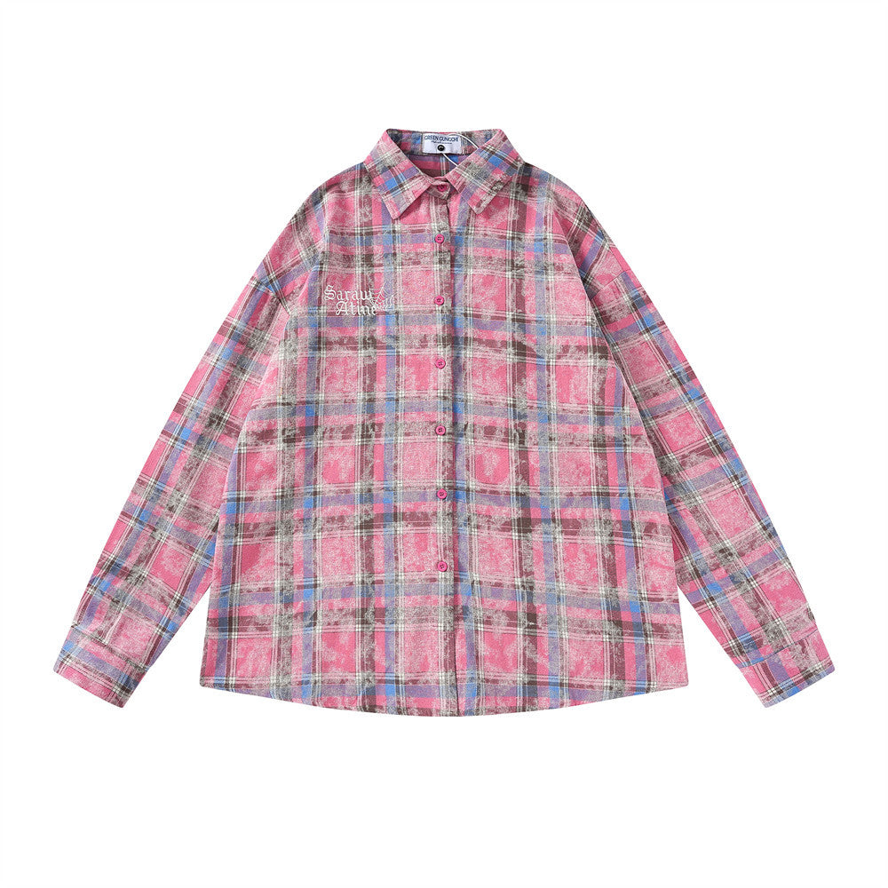 Contrast Color Check Long Sleeve Shirt Men's Spring And Autumn Loose