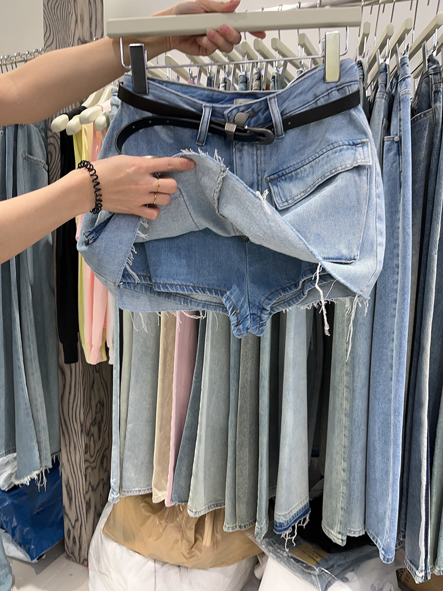 line Short Denim Skirt Pants