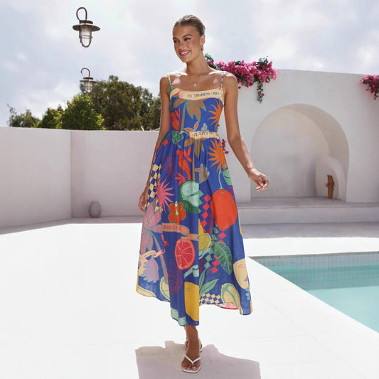 Casual Resort-style Linen Print Slip Dress